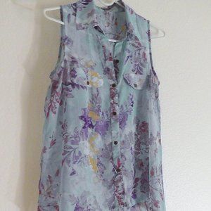 Sleeveless Blouse High-Low Sheer Button Up Blue